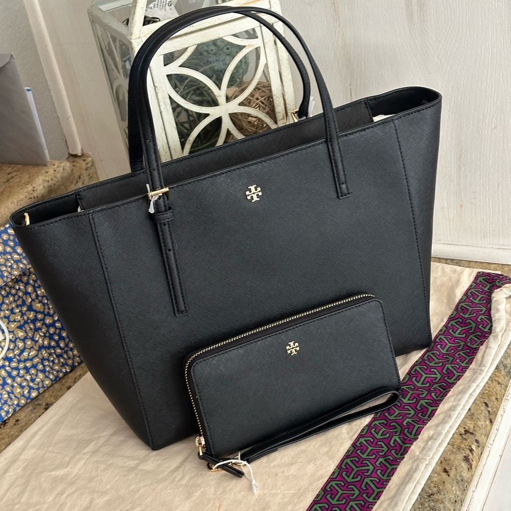 NWT🖤 tory burch emerson tote & matching TB Emerson continental wallet black - Picture 3 of 13